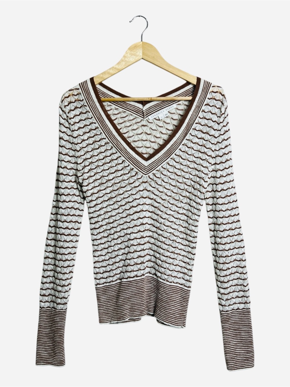 Veronica Beard Zinya V-Neck Crochet Knit Sweater Brown Ivory S